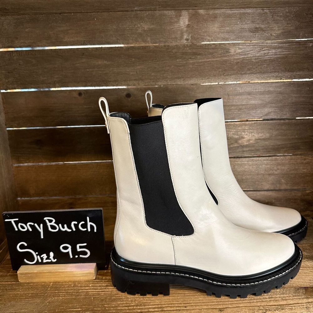 New Womens Tory Burch Benton White Leather Mid‎ Calf Chelsea Boots Size 9.5 M
